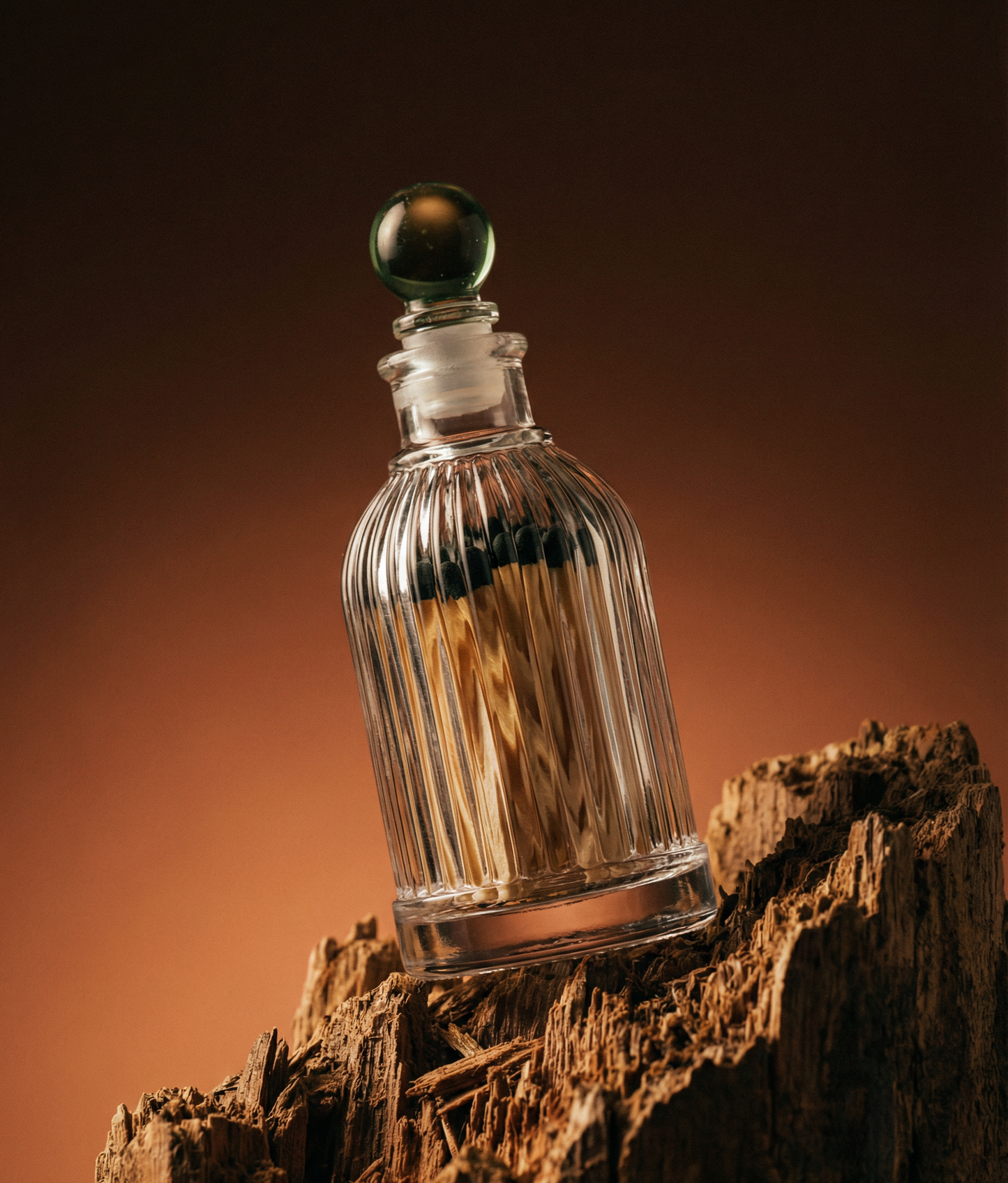 Glass bottle with a spherical cap on a wooden surface against a brown background