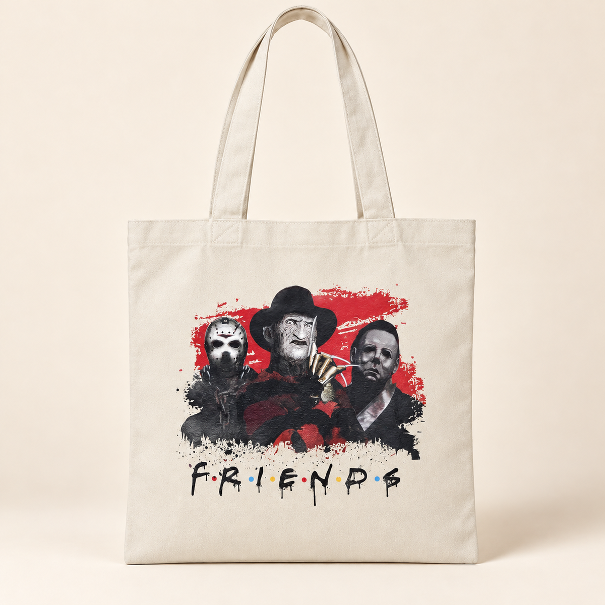 Upright horror friends canvas tote on warm ivory studio backdrop