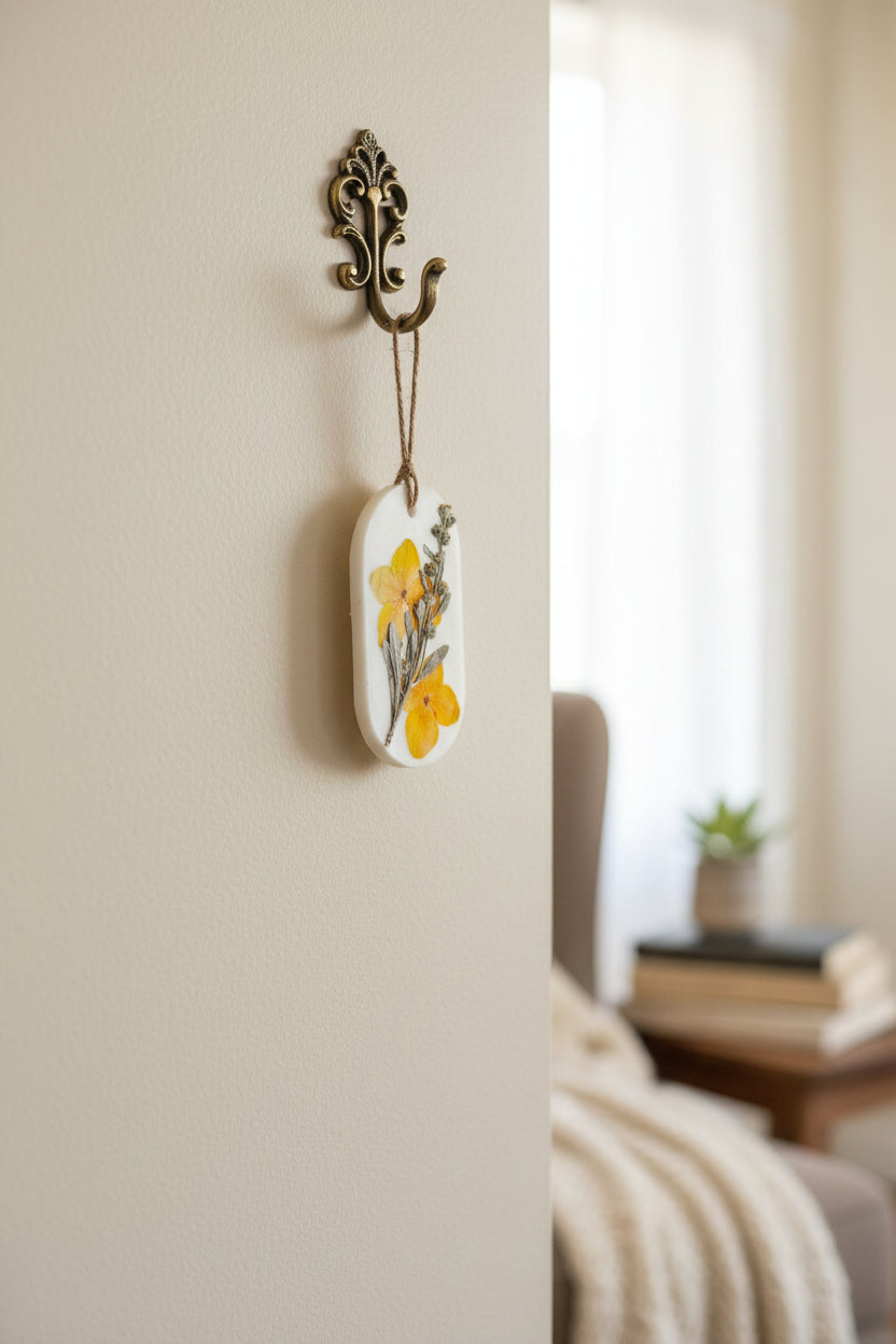 Decorative item with yellow flowers and green leaves on a white background