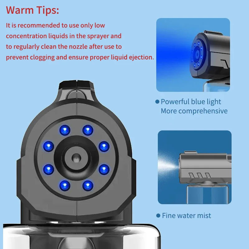 280Ml Barber Sprayer Bottle Wireless Electric USB Nano Blue Light Steam Spray Gun