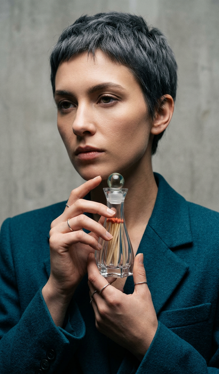 Woman holding a small glass bottle with a dropper against a neutral background