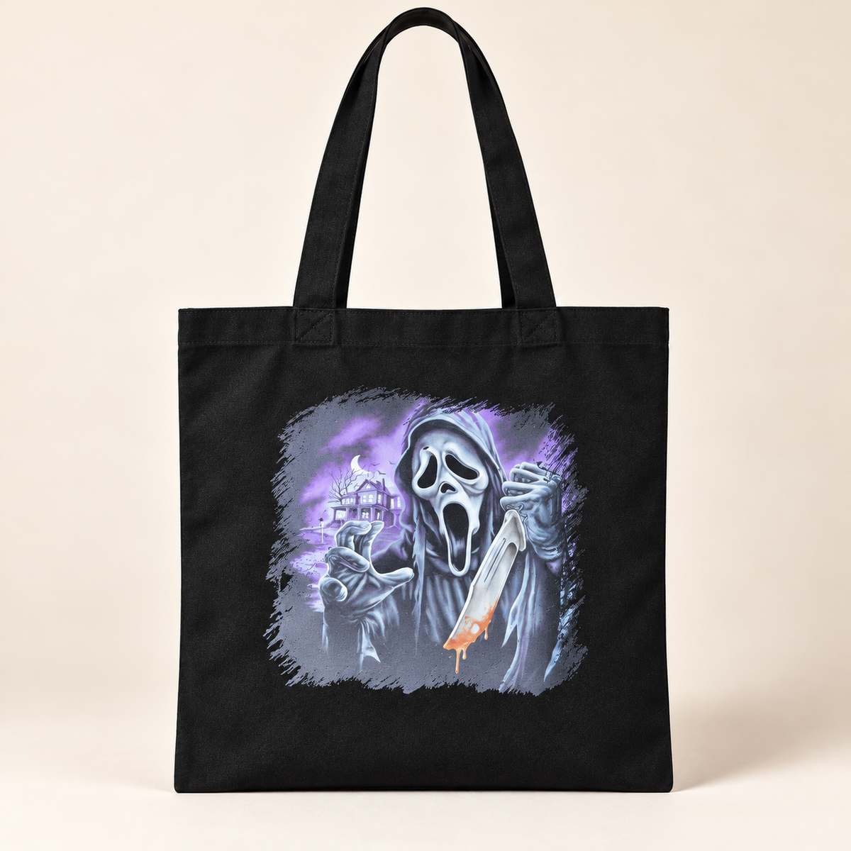 Upright ghost scene canvas tote on warm ivory studio backdrop