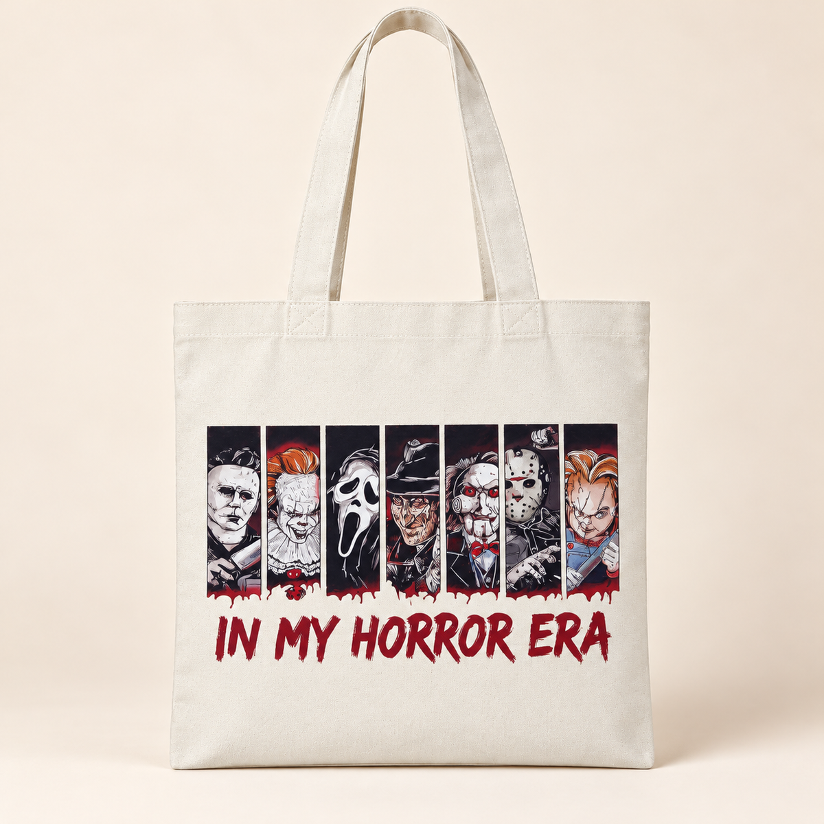 Upright horror era canvas tote on warm ivory studio backdrop