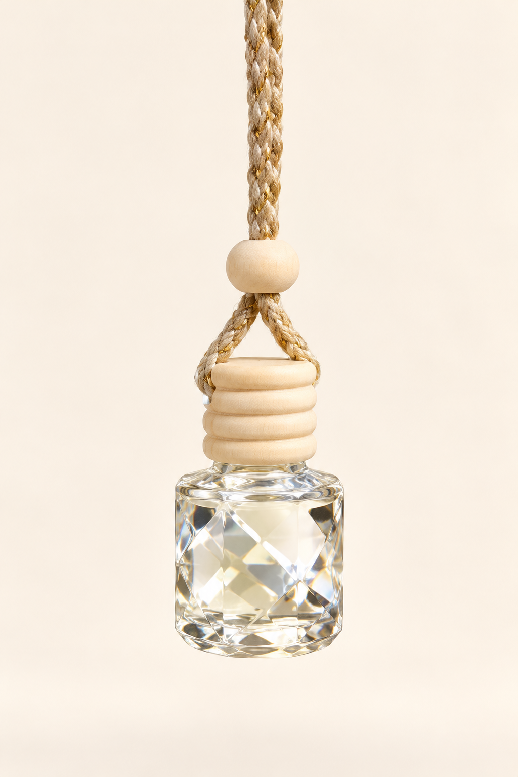 Faceted clear glass car diffuser with wooden cap and braided cord