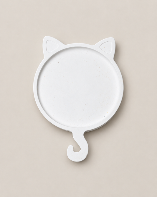 White Cat Candle Tray with pointed ears and curled tail on a neutral studio background