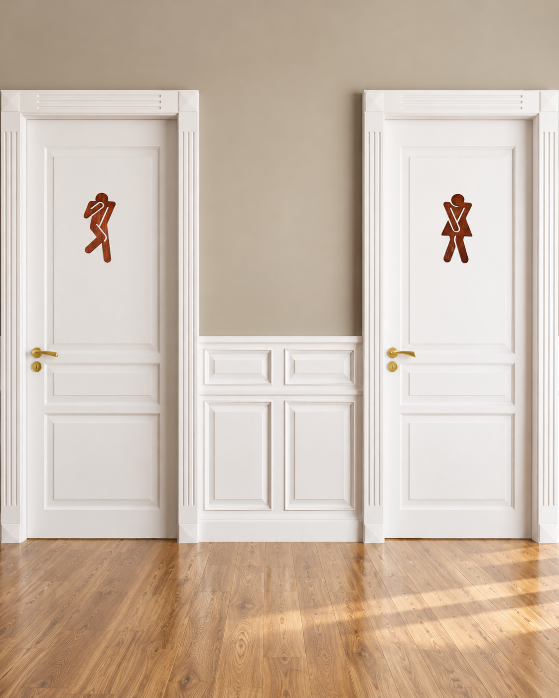 Funny wooden restroom signs displayed on separate doors in a neutral hallway