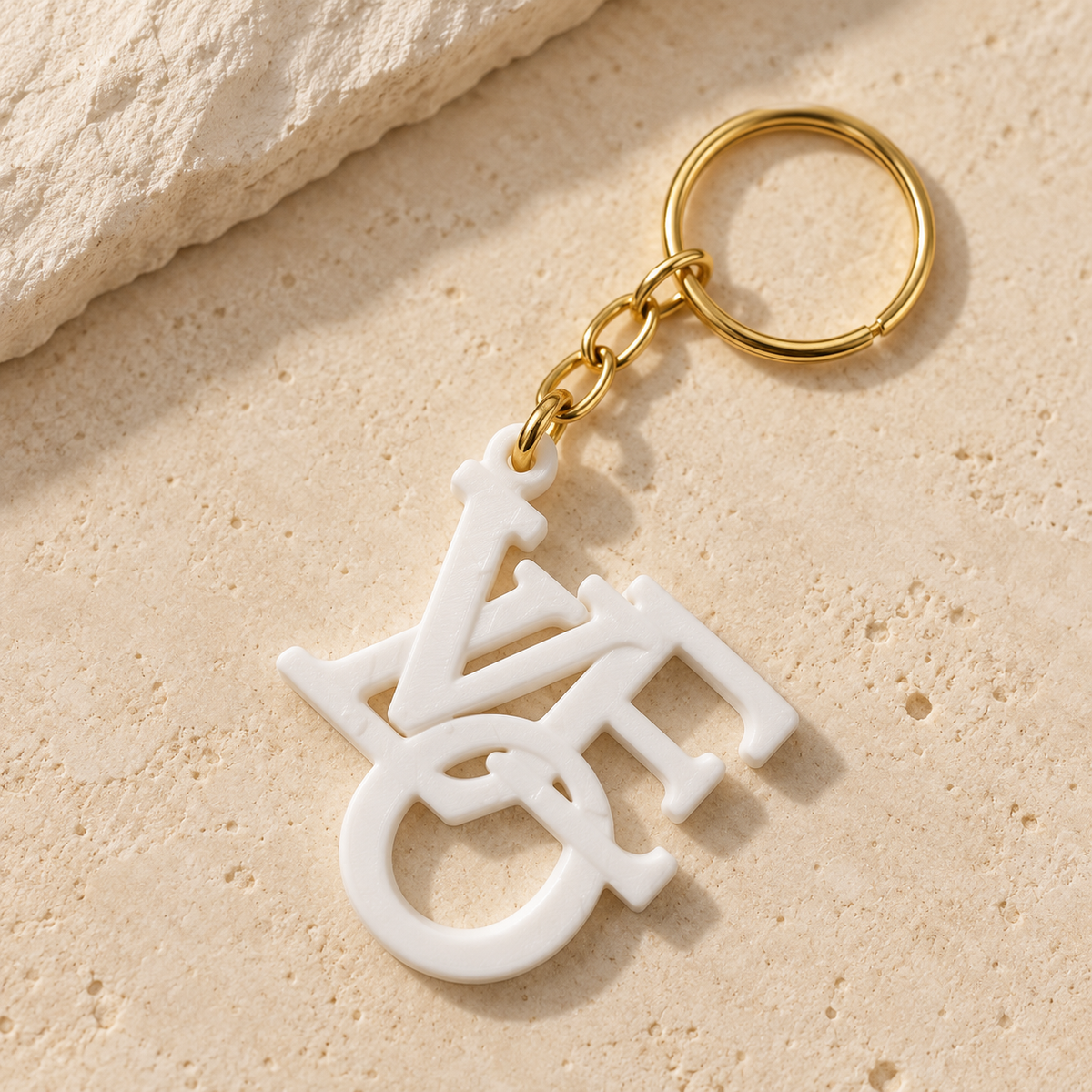White LVOE word-art keychain with gold-tone chain and split ring