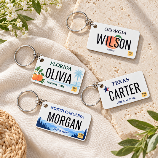 Personalized license plate keychain examples for Georgia, Florida, Texas and North Carolina