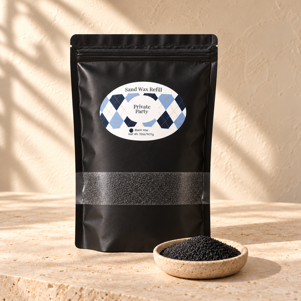 Neatly presented Private Party sand wax refill pouch with argyle label on warm limestone