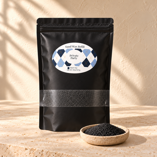 Neatly presented Private Party sand wax refill pouch with argyle label on warm limestone