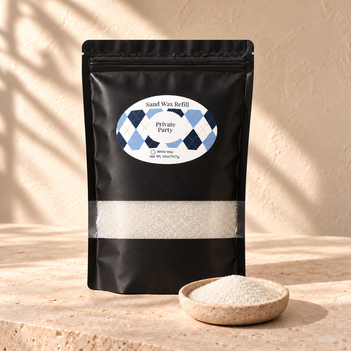 Private Party white sand wax refill in black argyle-label window pouch on limestone