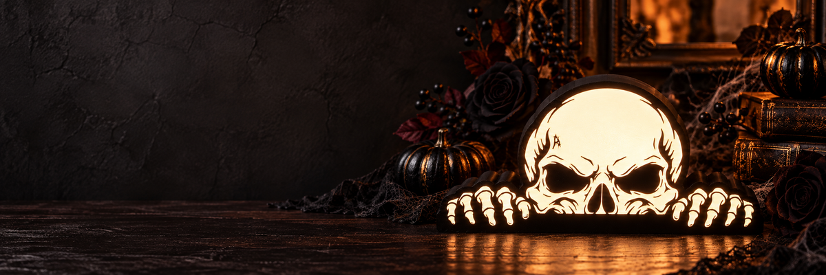 Peeking skull LED lamp in a dark Halloween display with room for seasonal banner text