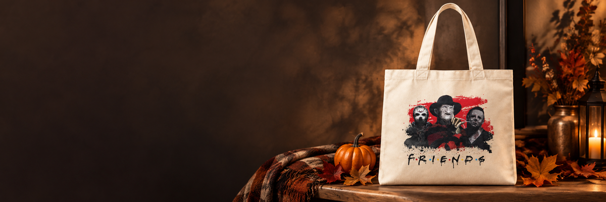 Halloween canvas tote styled on an autumn entryway bench