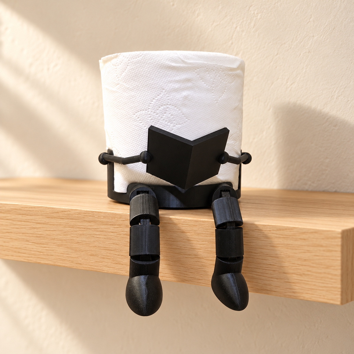 Black Toilet Paper Buddy holding a roll and reading a book on a pale oak shelf