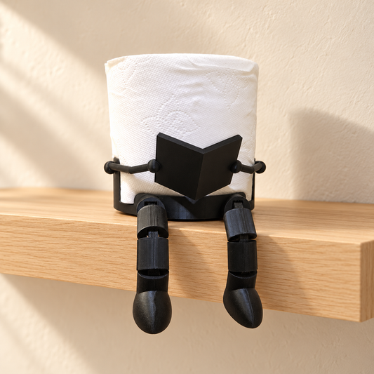 Black Toilet Paper Buddy holding a roll and reading a book on a pale oak shelf
