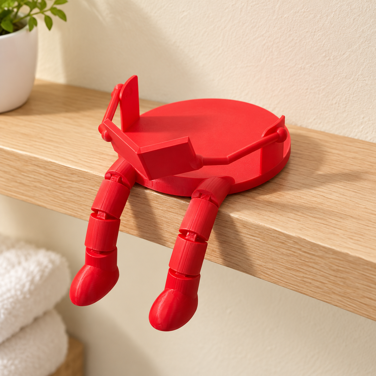 Red Toilet Paper Buddy shown without roll, with articulated legs and book