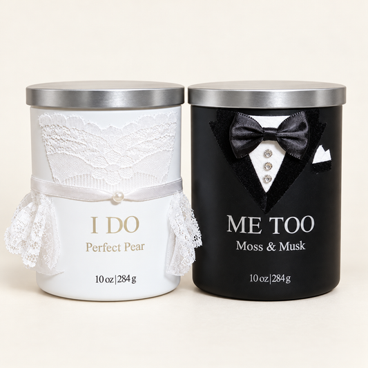 Actual handmade I Do and Me Too wedding candle pair