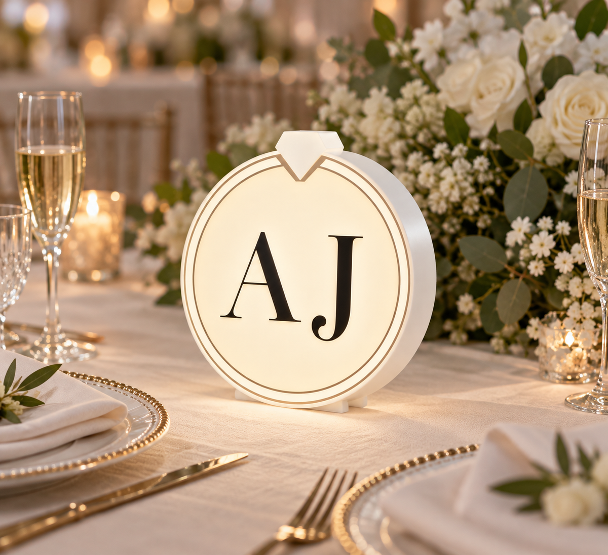 Wedding ring monogram light with A J initials — personalized design mockup
